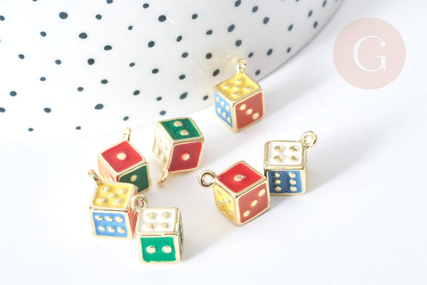 Breloque Dé zamac doré émail coloré 13,5mm, création de bijoux fantaisie thème jeu hasard, x1 G8071