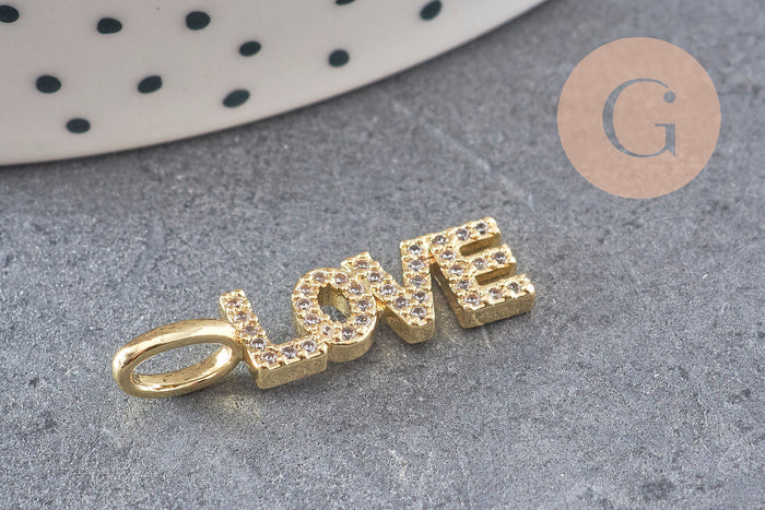 Breloque LOVE laiton doré 18k cristal 24mm,x1 (G3033)