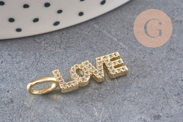 Breloque LOVE laiton doré 18k cristal 24mm,x1 (G3033)