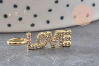 Breloque LOVE laiton doré 18k cristal 24mm,x1 (G3033)