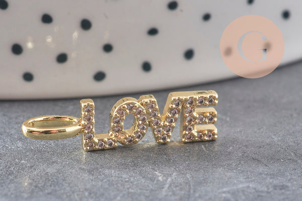 Breloque LOVE laiton doré 18k cristal 24mm,x1 (G3033)