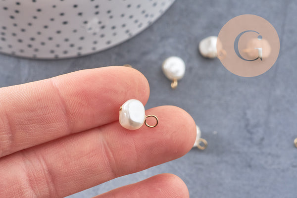 Breloque Perle coquillage naturel blanc acier 304 inoxydable doré 14mm, x1 (G10874)