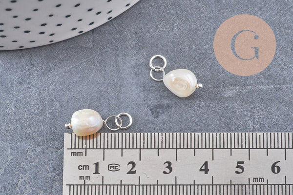 Breloque Perle d'eau douce naturelle blanche acier 304 inoxydable platine 15mm, x1 (G10875)