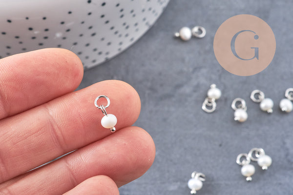 Breloque Perle d'eau douce naturelle blanche acier 304 inoxydable platine 8.5mm, x1 (G10901)