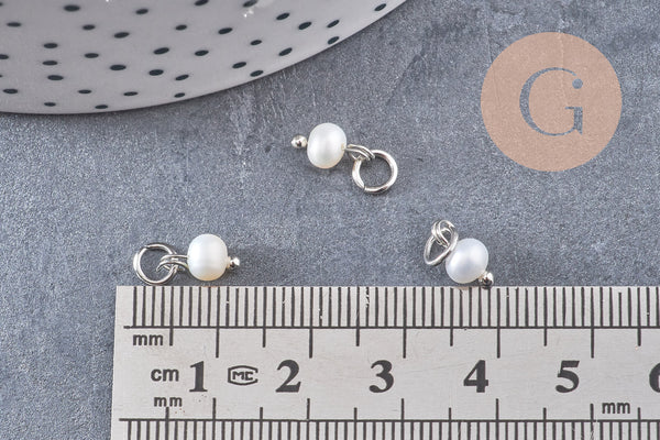 Breloque Perle d'eau douce naturelle blanche acier 304 inoxydable platine 8.5mm, x1 (G10901)