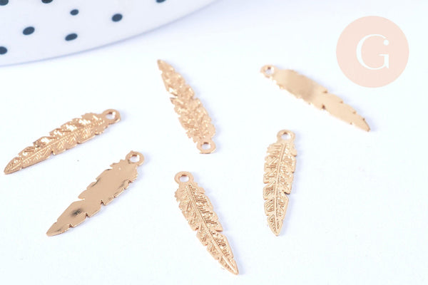 Breloque Plume laiton doré 17mm, création bijou doré fantaisie, x10 (G7134)