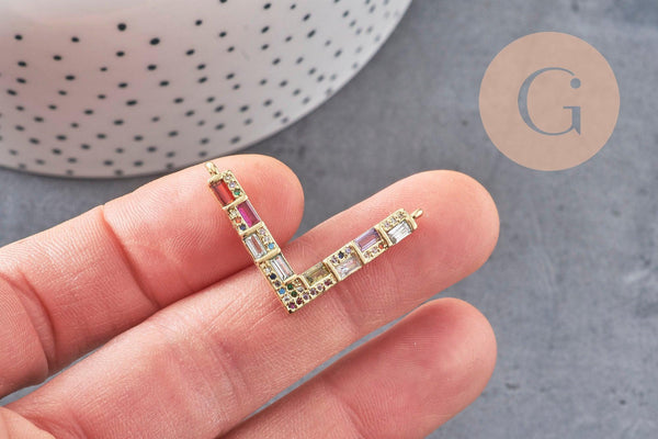 Breloque V laiton doré 18k cristal,sans nickel,pendentif amour, Pendentif zircon coloré,33.2mm, x1 (G8788)