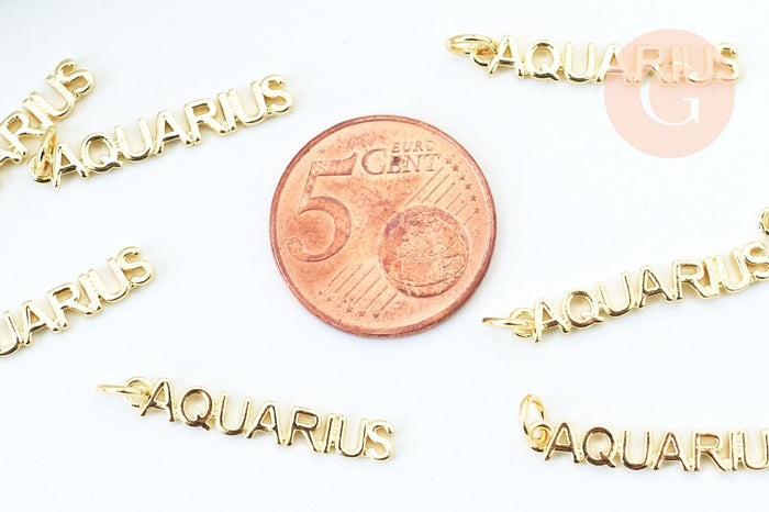 Breloque Verseau laiton doré 18k,sans nickel,création bijoux astrologique, pendentif horoscope,25.5mm, x1 (G6044)
