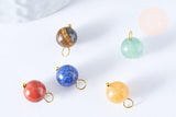 Breloque boule pierre naturelle laiton doré 13.5mm, fournitures pour création de bijoux, x1 (G7092)