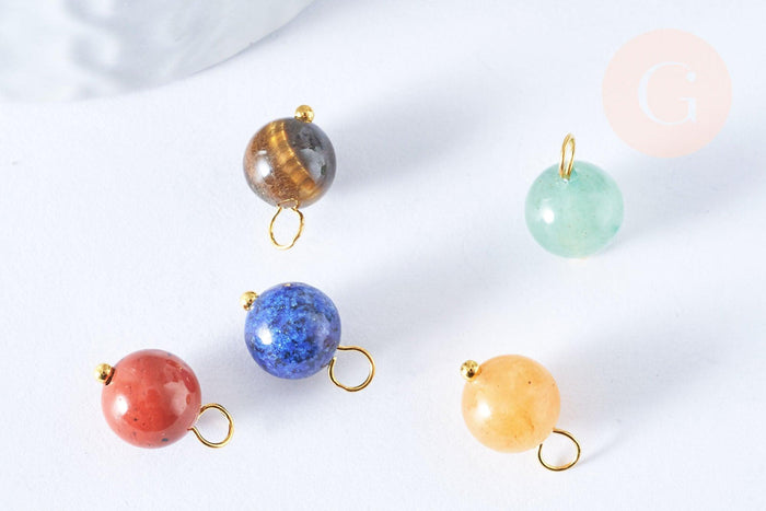 Breloque boule pierre naturelle laiton doré 13.5mm, fournitures pour création de bijoux, x1 (G7092)