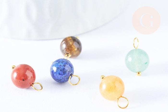 Breloque boule pierre naturelle laiton doré 13.5mm, fournitures pour création de bijoux, x1 (G7092)