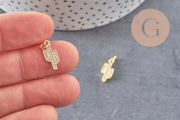 Breloque cactus laiton doré 18k cristal,sans nickel,western États-Unis,pendentif porte bonheur, Pendentif zircon,15mm x1 (G0484)