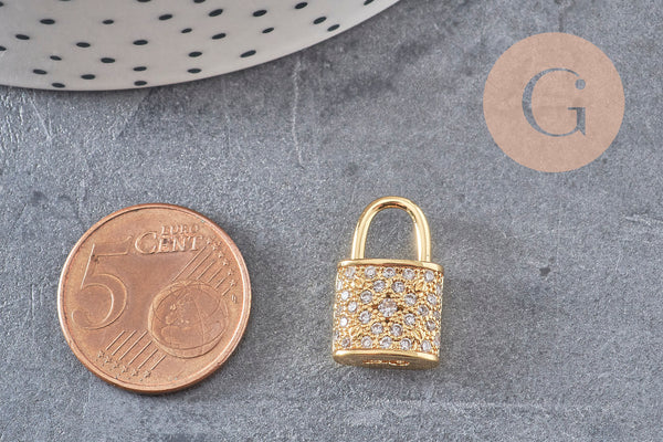 Breloque cadenas laiton doré 18k zircons 12.5mm, x1 (G2578)