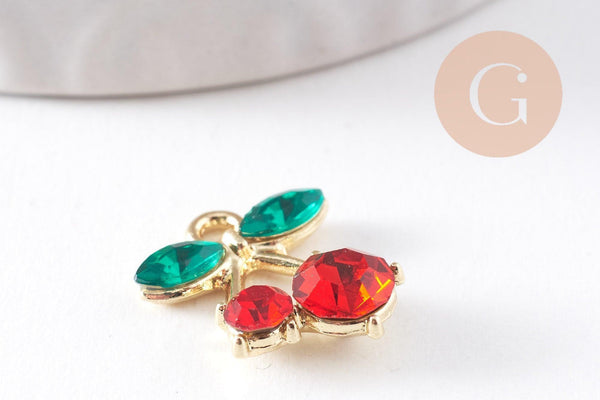 Breloque cerise zircons et zamac doré 16K, x2 (G10391)