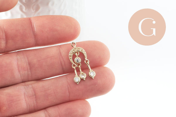 Breloque chandelier laiton doré 18k cristal,sans nickel,création boucles d'oreille zircon,25mm, x1 (G4220)