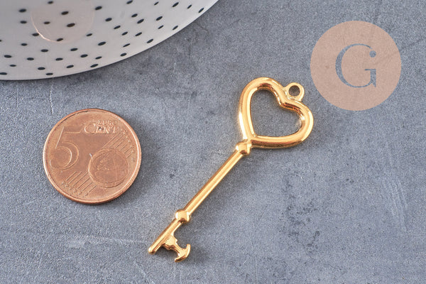 Breloque clef acier doré 18k 50mm, pendentif création bijoux amour en acier inoxydable, x1 G4915