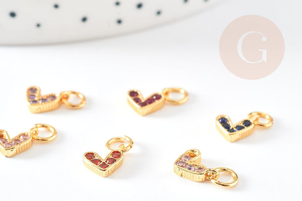 Breloque coeur zircons colorés laiton doré 18k 8mm, x1 (G3485)
