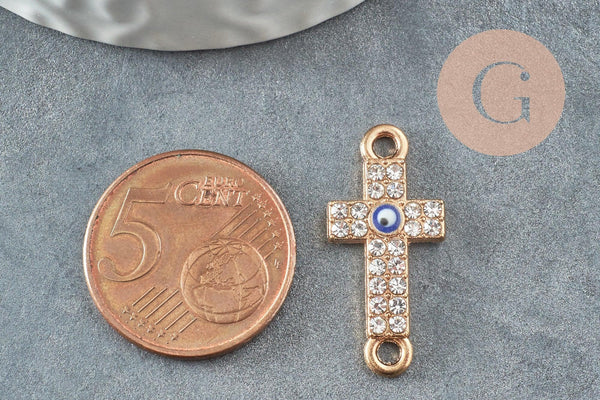 Breloque connecteur croix zamac doré cristal,sans nickel,pendentif oeil protecteur, Pendentif zircon,25.5mm, x1 (G4096)