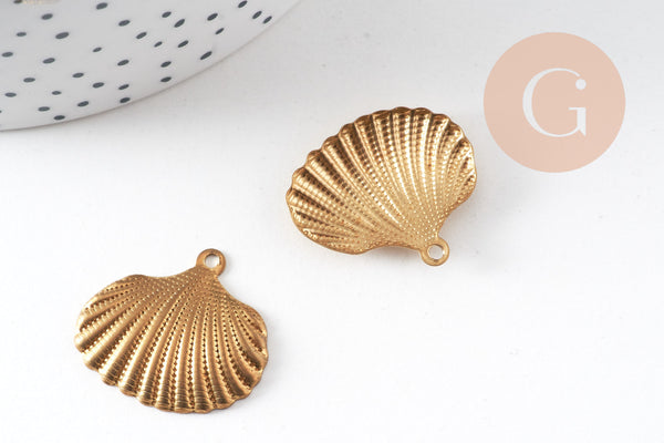 Breloque coquillage laiton brut 26mm, breloquesmétal doré pour création bijoux,sans nickel x2 G7268