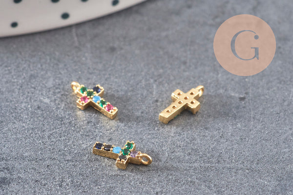 Breloque croix laiton doré 18k cristal 10mm,sans nickelcroix bijoux,pendentif religion, Pendentif zircon, x1 (G0474)