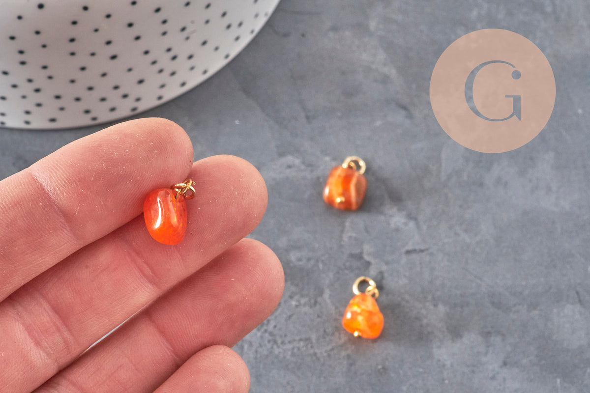 Colgante cúbico de ágata natural naranja de metal dorado de 18K 14.5mm, x1 (G11329)