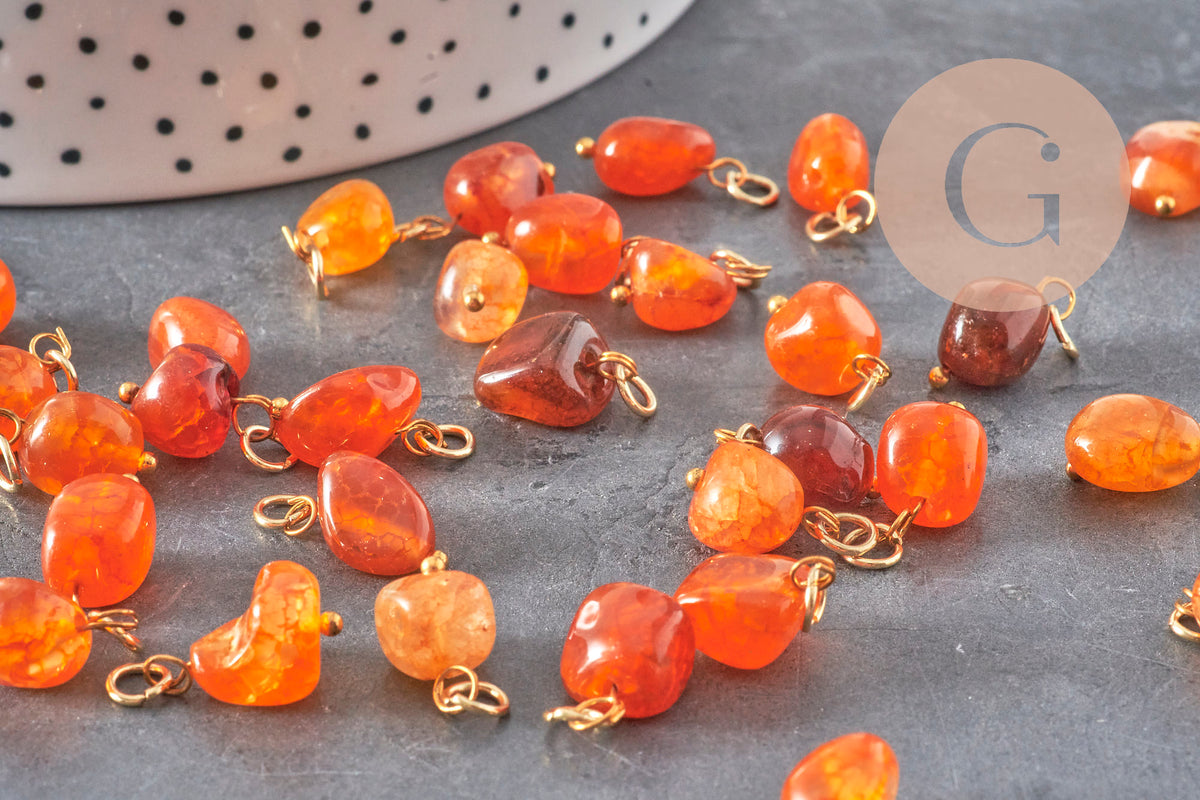 Colgante cúbico de ágata natural naranja de metal dorado de 18K 14.5mm, x1 (G11329)