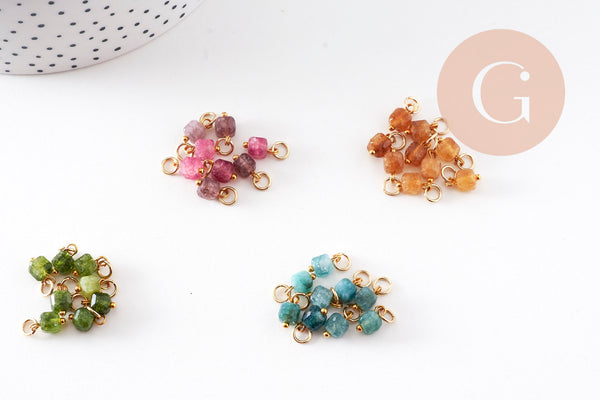 Breloque cube tourmaline naturelle acier 304 inoxydable doré 9mm, x1 (G11006)