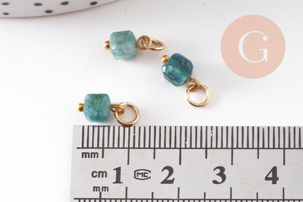 Breloque cube tourmaline naturelle acier 304 inoxydable doré 9mm, x1 (G11006)