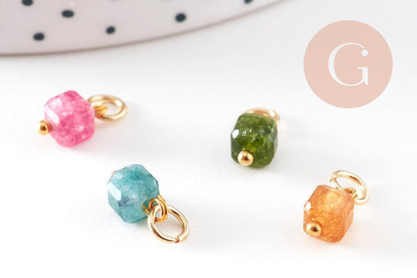 Breloque cube tourmaline naturelle acier 304 inoxydable doré 9mm, x1 (G11006)