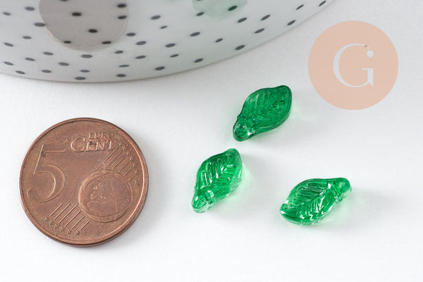 Breloque feuille verre vert 12mm, x20 (G10876)