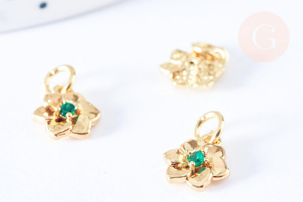 Breloque fleur laiton doré 18k zircon vert 9.5mm, pendentif création bijoux doré, x1 G6944