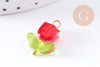 Breloque fleur tulipe verre rouge laiton doré 20mm, x5 (G10626)