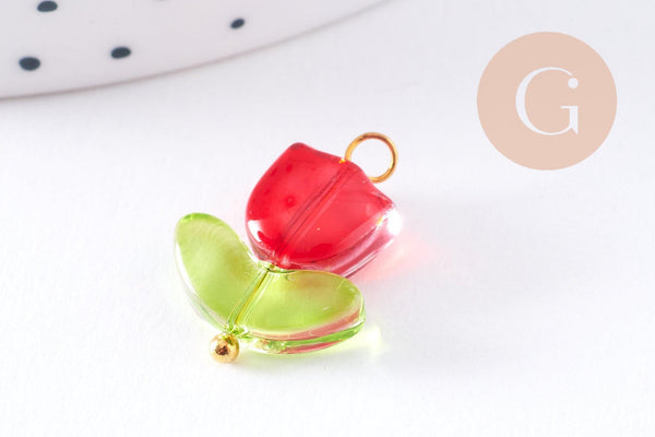 Breloque fleur tulipe verre rouge laiton doré 20mm, x5 (G10626)
