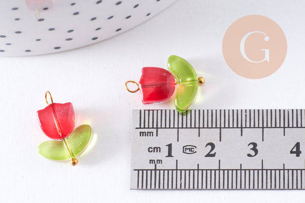 Breloque fleur tulipe verre rouge laiton doré 20mm, x5 (G10626)