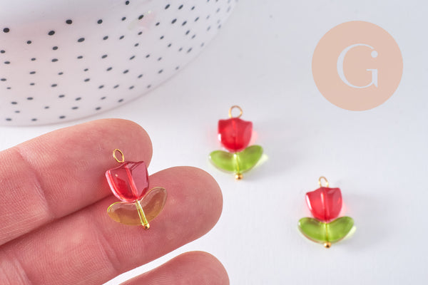 Breloque fleur tulipe verre rouge laiton doré 20mm, x5 (G10626)