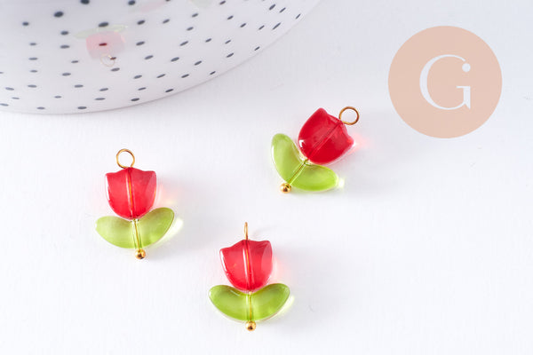 Breloque fleur tulipe verre rouge laiton doré 20mm, x5 (G10626)