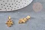 Breloque main fatma acier doré,création bijoux acier inoxydable ,pendentif religion, Pendentif zircon,19.5mm, x1 G3648