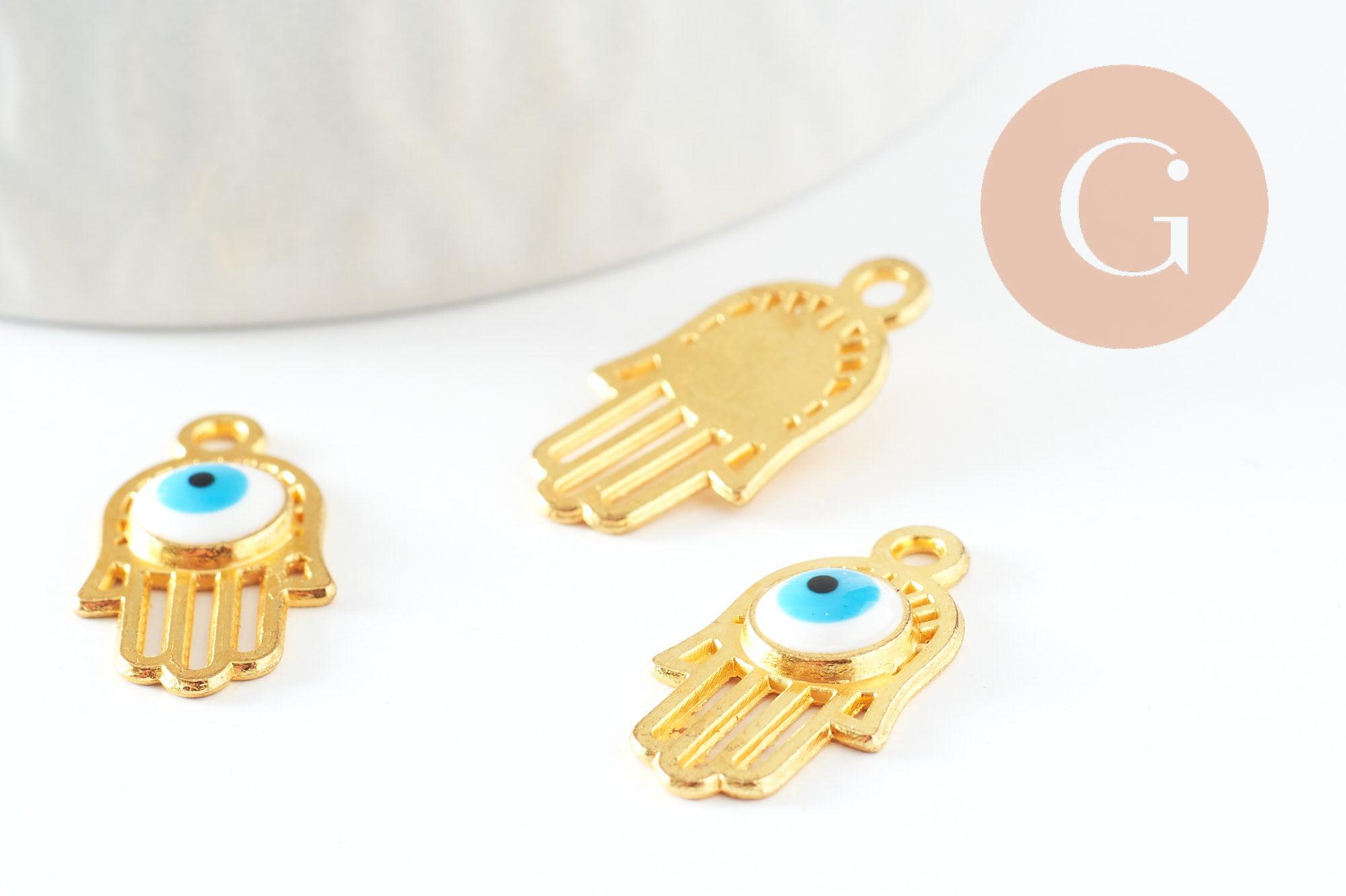 Breloque main fatma oeil laiton doré 18k 20.5mm,pendentif mystique chance pour création bijoux,x1 (G3511)