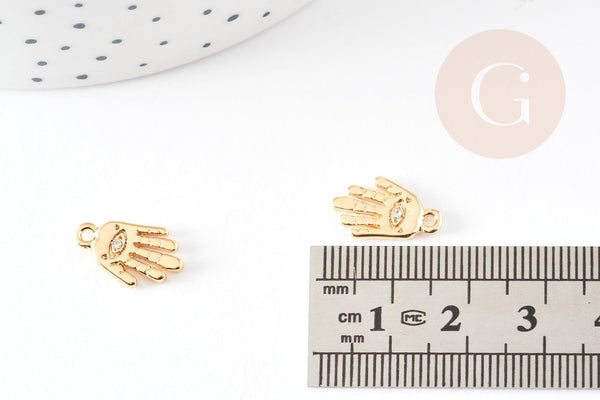 Breloque main oeil protecteur zamac doré 18k cristal zircon 15mm, x1 (G4765)