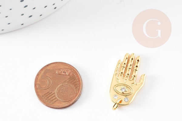 Breloque main oeil protecteur zamac doré 18k cristal zircon 25mm,création bijoux chance x1 (G8746)