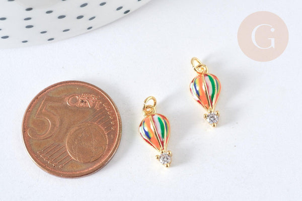 Breloque montgolfière émail multicolore laiton doré et zircon blanc 14mm,création bijoux coloré, x1 G7377