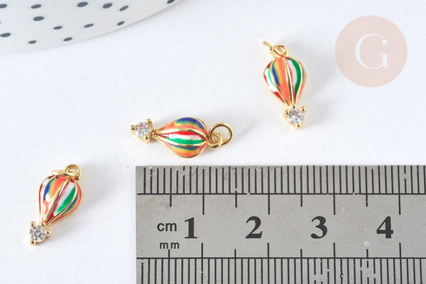 Breloque montgolfière émail multicolore laiton doré et zircon blanc 14mm,création bijoux coloré, x1 G7377
