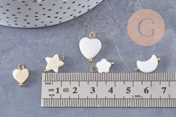 Breloque nacre blanche naturelle coeur étoile lune fleur zamac doré 13~16.5mm, x1 (G10090)