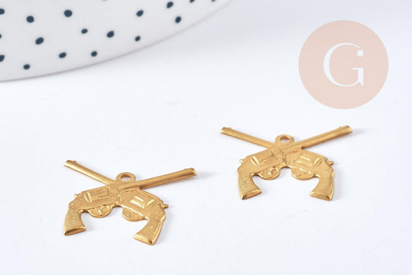 Breloque pistolets laiton brut 21mm, création bijoux cowboy farwest x2 (G8199)