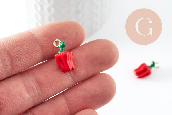 Breloque poivron émail rouge zamac doré 18mm, x1 (G9501)