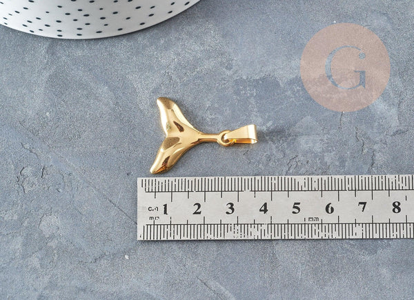 Breloque queue poisson acier 304 inoxydable doré 18k 26mm, x1 (G5640)