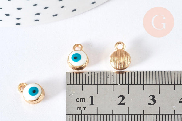 Breloque rond Œil émail blanc 10mm, pendentif mauvais œil en résine, création bijoux chance, x 10 G7117