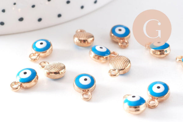 Breloque rond Œil émail turquoise 10mm, x10 (G10520)