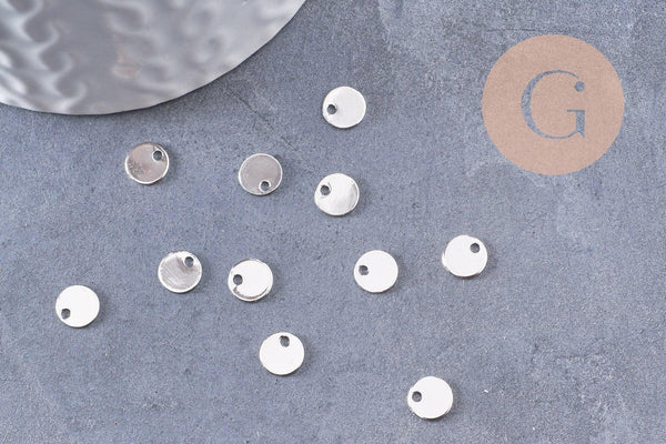 Breloque ronde cuivre plaqué or blanc (rhodium) 5mm, x4 (G9996)