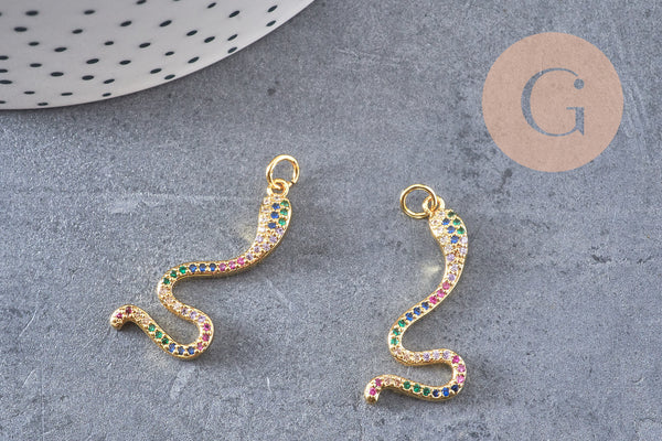 Breloque serpent laiton doré 18k cristal,sans nickel,cadeau anniversaire,pendentif animal, Pendentif zircon,27.5mm, x1 (G2419)